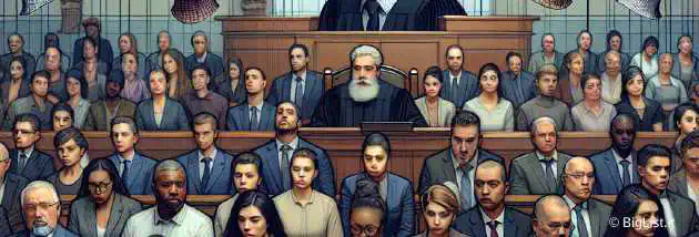 A group of people in a courtroom with digital facial recognition images floating around.