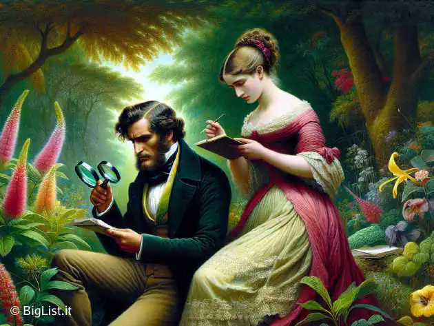Charles Darwin and Emily Dickinson engaged in scientific observation in a 19th century garden