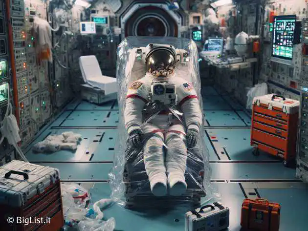 An astronaut inside the International Space Station, with emergency medical equipment, in the style of a realistic photo.