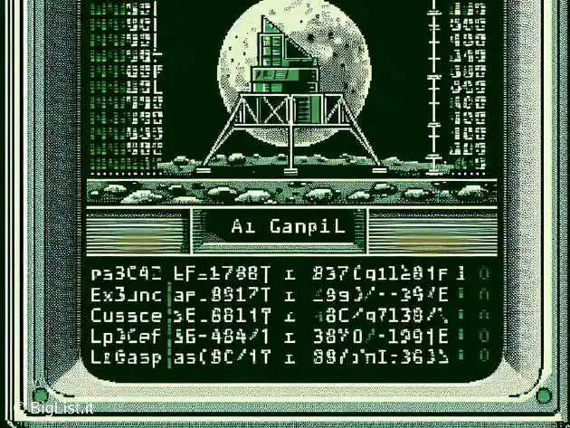 An old, text-based computer game screen showing a lunar lander and calculations.