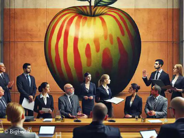 A serious courtroom scene with a large Apple logo in the background