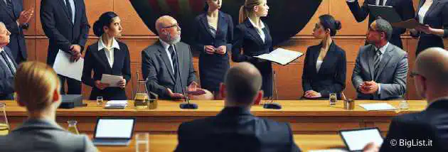 A serious courtroom scene with a large Apple logo in the background