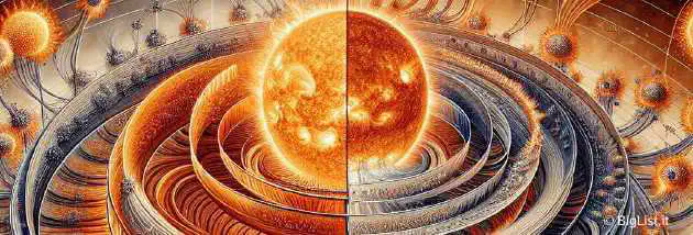 A detailed scientific illustration showing the Sun's magnetic field reversal in progression, highlighting the sunspots, the dipole structure during solar minimum, and the complex magnetic configuration during solar maximum.