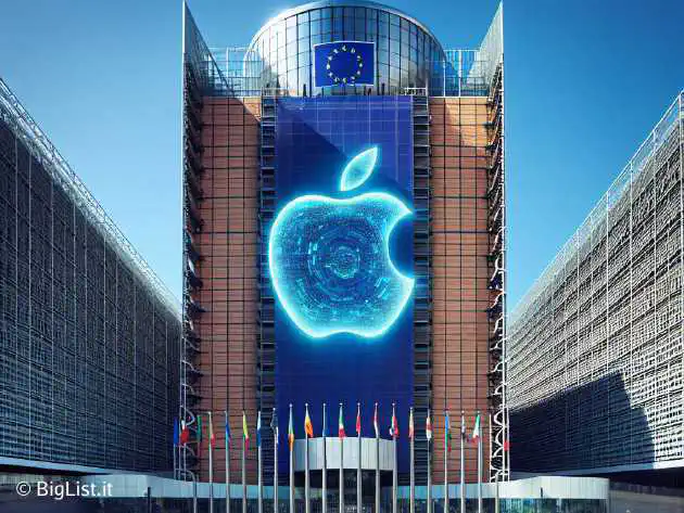 An image of the European Commission building with the Apple logo projected on it, symbolizing a pending investigation.
