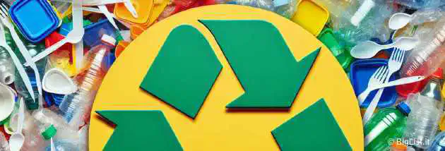 An article image of the iconic recycling symbol over a background of plastic waste.