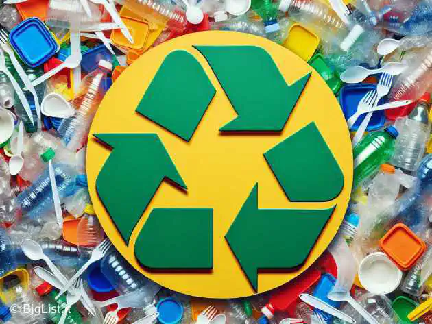 An article image of the iconic recycling symbol over a background of plastic waste.