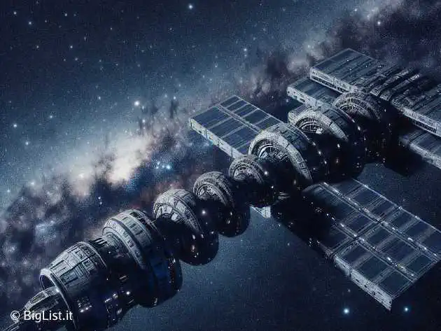 a spacecraft traveling through interstellar space, with distant stars in the background