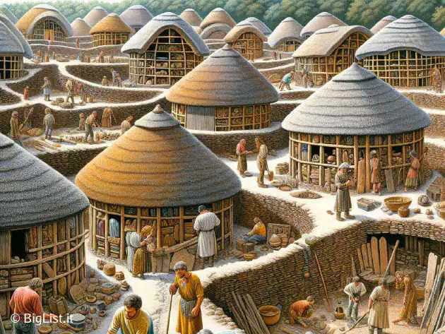 A perfectly preserved 3000-year-old Bronze Age village, with circular wooden houses and everyday artifacts, in a state of being excavated by archaeologists.