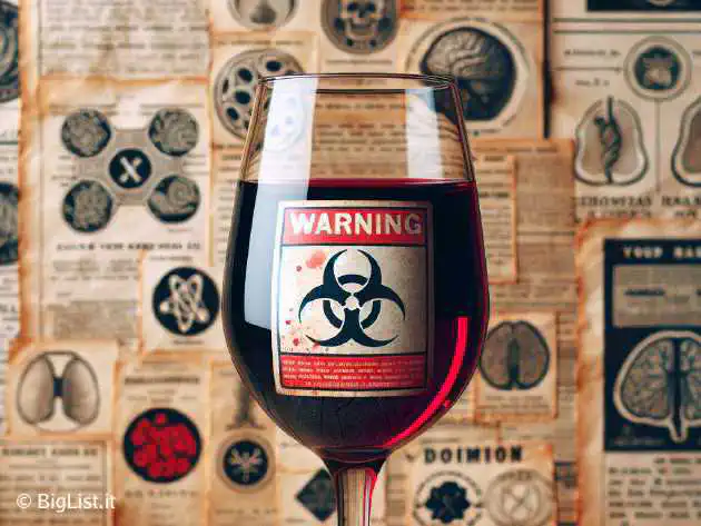 A glass of red wine with a warning label about health risks, set against a backdrop of old medical research papers.