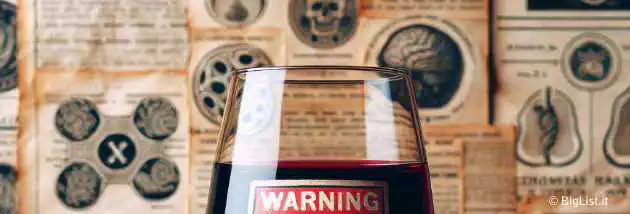 A glass of red wine with a warning label about health risks, set against a backdrop of old medical research papers.