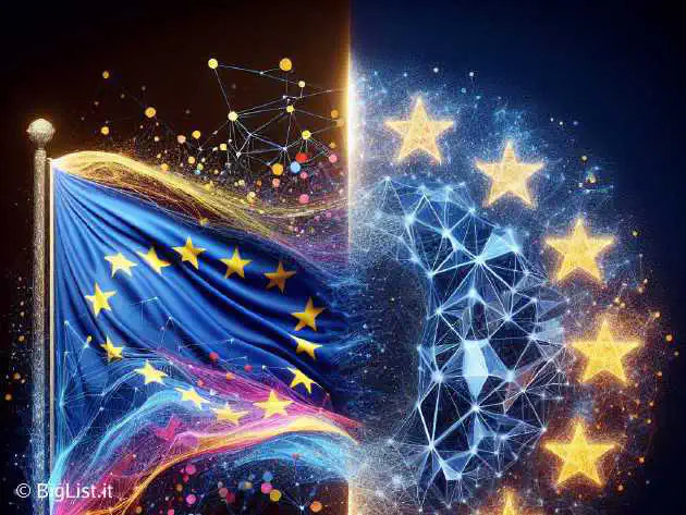 A digital illustration of Meta and EU flags with a neural network floating between them.