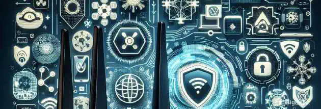 An image of various modern cybersecurity tools and symbols surrounding a futuristic D-Link router.