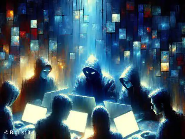 A group of hackers in a dark room, illuminated by laptop screens, displaying stolen data and demanding ransoms.