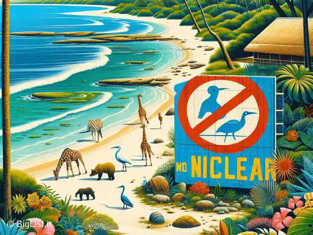 A picture of a coastal area in Kenya with a 'No Nuclear' sign, blending tourism and environmental concerns.