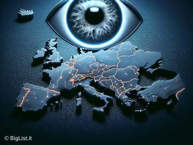 A representation of surveillance with an ominous 'eye' watching over Europe symbolizing the concept of mass surveillance threat.