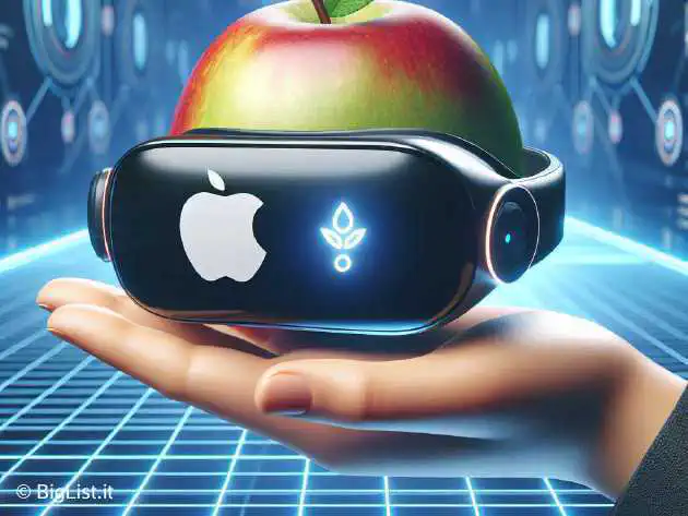 An image depicting an augmented reality headset with a sleek design and Apple logo, focusing on a futuristic and accessible approach to technology.