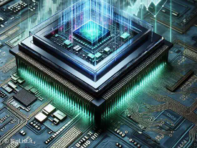 A futuristic Nvidia chip with upward-trending stock market graphs.