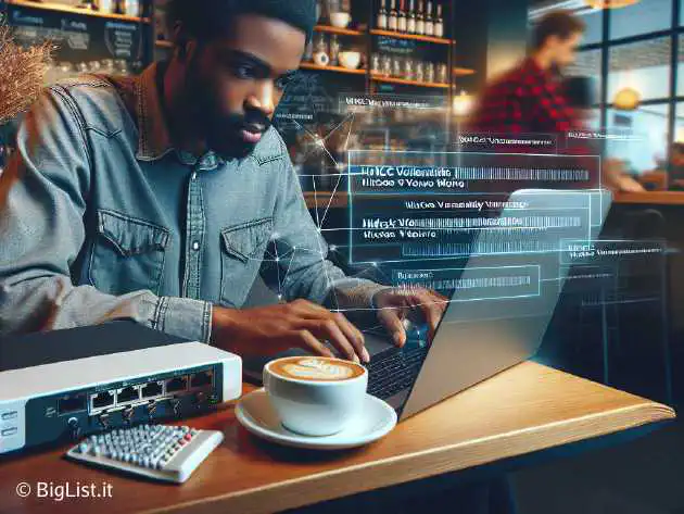 A hacker sitting in a coffee shop hijacking TCP connections over a shared Wi-Fi network, with a router showing NAT vulnerability warnings.
