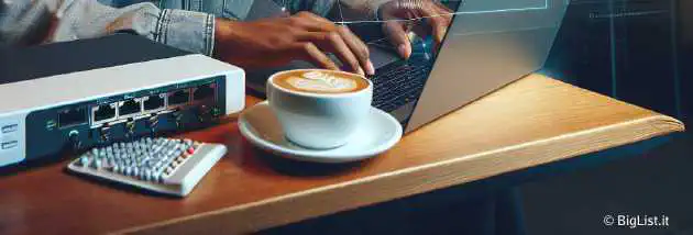 A hacker sitting in a coffee shop hijacking TCP connections over a shared Wi-Fi network, with a router showing NAT vulnerability warnings.