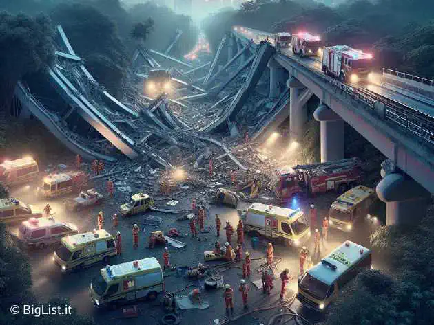 a collapsed bridge in an urban park setting, surrounded by emergency vehicles and workers, with a morning sky backdrop