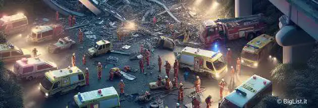 a collapsed bridge in an urban park setting, surrounded by emergency vehicles and workers, with a morning sky backdrop