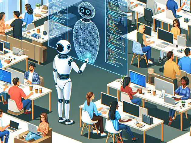 AI assistants helping software developers in a modern office setting