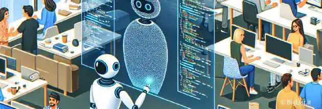 AI assistants helping software developers in a modern office setting