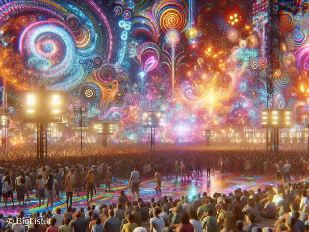 A vibrant festival scene with AI-generated digital art and a large audience.