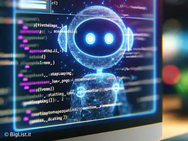 Create an image of a futuristic and sleek-looking AI chatbot interface on a computer screen. In the background, show blurred text that looks like lines of source code, implying web scraping activity.