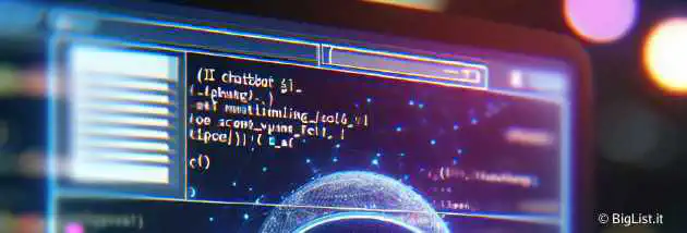 Create an image of a futuristic and sleek-looking AI chatbot interface on a computer screen. In the background, show blurred text that looks like lines of source code, implying web scraping activity.