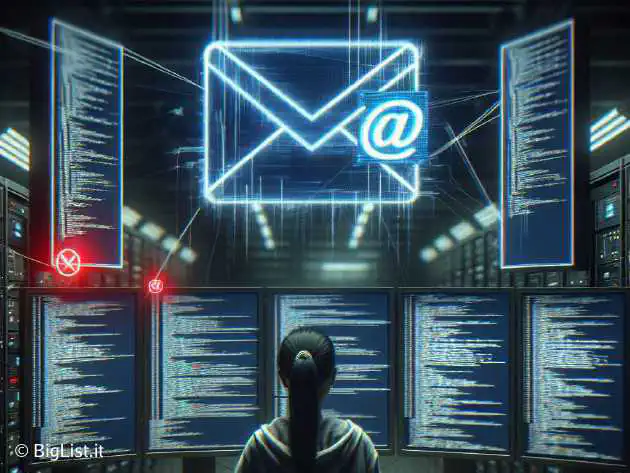 A researcher discovering a computer bug with a glitching email icon in the background