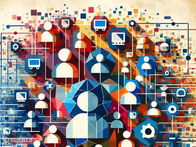 an abstract representation showing a network of bot traffic dominating human traffic on the internet, using geometric shapes