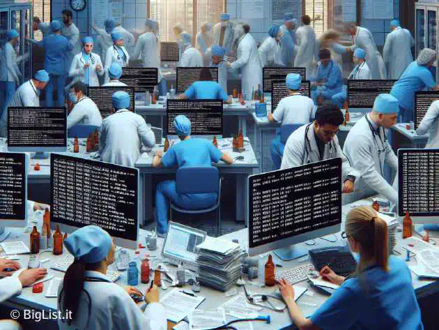 A hospital scene showing chaos and disruption with computers affected by a cyber attack, doctors using handwritten records