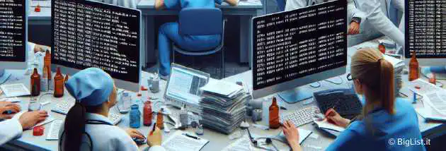 A hospital scene showing chaos and disruption with computers affected by a cyber attack, doctors using handwritten records