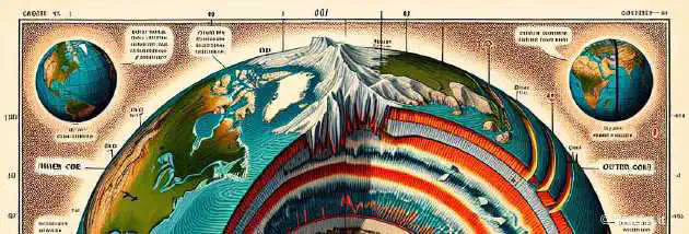 A detailed cross-sectional illustration of Earth's inner core and seismic waves, showing rotation changes over time.