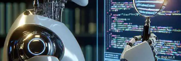 An AI robot with a magnifying glass examining website codes, representing data collection and security scrutiny.