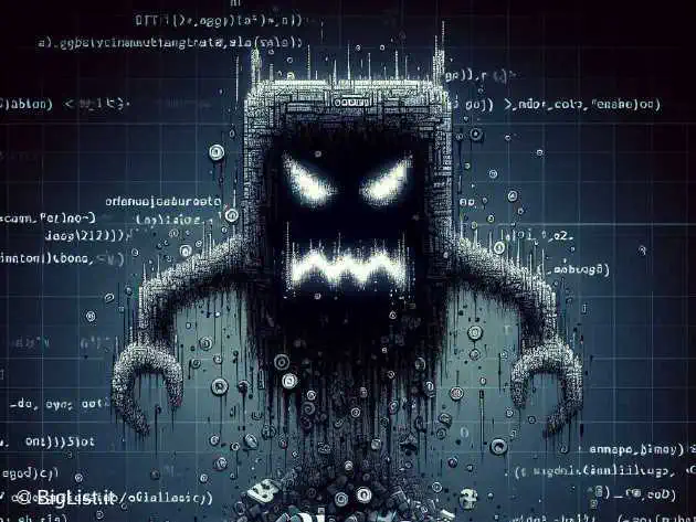 A digital illustration of a malicious bot, depicted as an ominous shadowy figure merging from computer code, representing electronic danger and cyber threats.