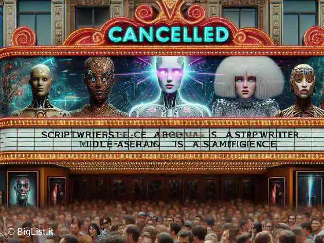 A bustling London cinema with a 'Cancelled' sign, posters of a film with an AI scriptwriter, audience reactions.