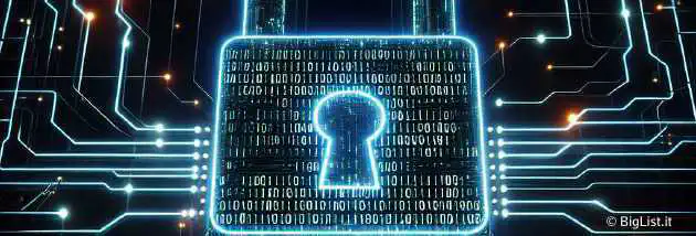A digital lock with binary code, representing cybersecurity, in a futuristic style.
