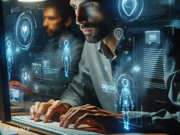 A lone copywriter sitting at a computer, surrounded by holographic AI assistants, editing text.