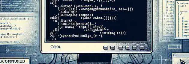 An illustration of a computer screen showing COBOL programming, with modern programming languages in the background and a discontinued sign over COBOL.