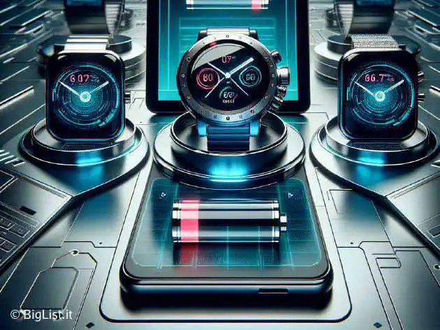 A futuristic smartwatch, smartphone, tablet, and laptop showing low battery notifications in a modern setting.