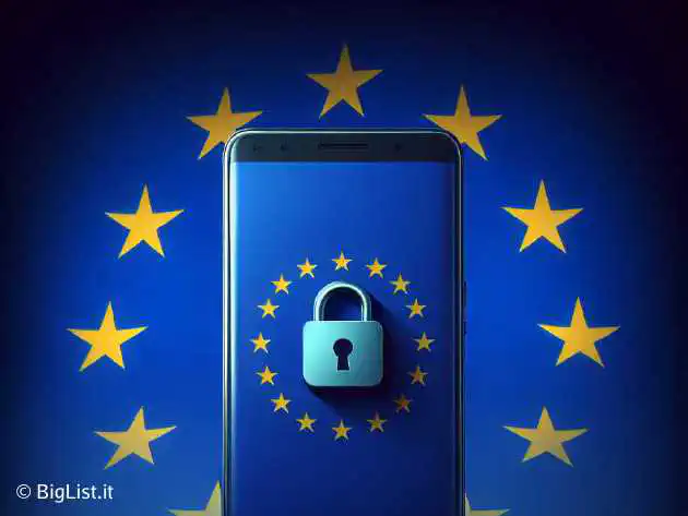 An illustration of a locked smartphone with the European Union flag in the background.