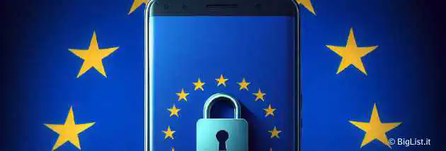 An illustration of a locked smartphone with the European Union flag in the background.