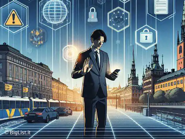 A digital scene depicting a person falling victim to an online banking fraud through a mobile app in Sweden. In the background, Swedish landmarks subtly blend with digital security icons and warning signs.