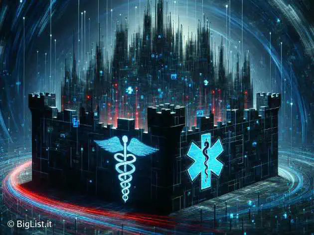 A futuristic, dark-themed digital fortress depicting a massive cyberattack with healthcare symbols being compromised.