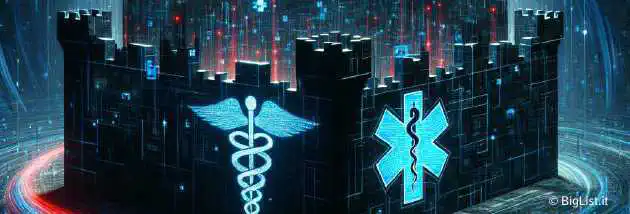 A futuristic, dark-themed digital fortress depicting a massive cyberattack with healthcare symbols being compromised.