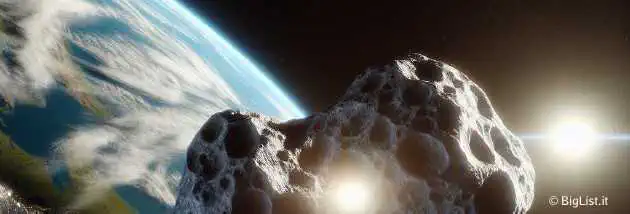 A realistic image of a large asteroid passing dangerously close to Earth, with the Sun in the background.