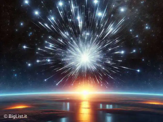 A spectacular star explosion seen from Earth with a vibrant night sky