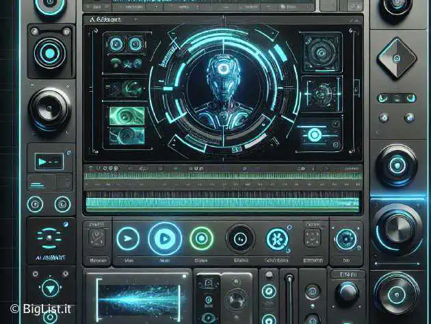 A futuristic AI-powered video editing software with a sleek user interface.